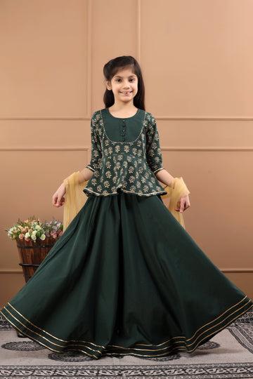 Girls Pure Cotton Hand Block Green Lehenga Set